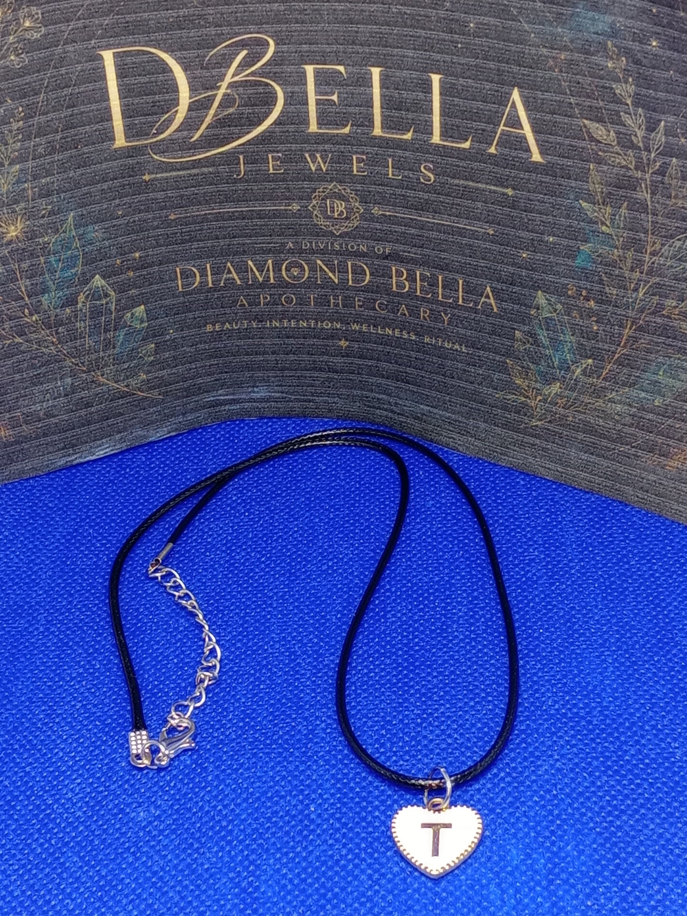 Black Cord Necklace with Gold Heart Initial Pendant T